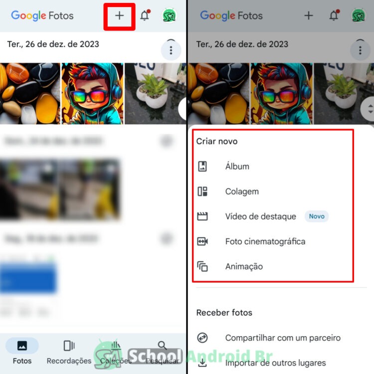 aplicativo google fotos com a opção criar cologens animações e reels na tela