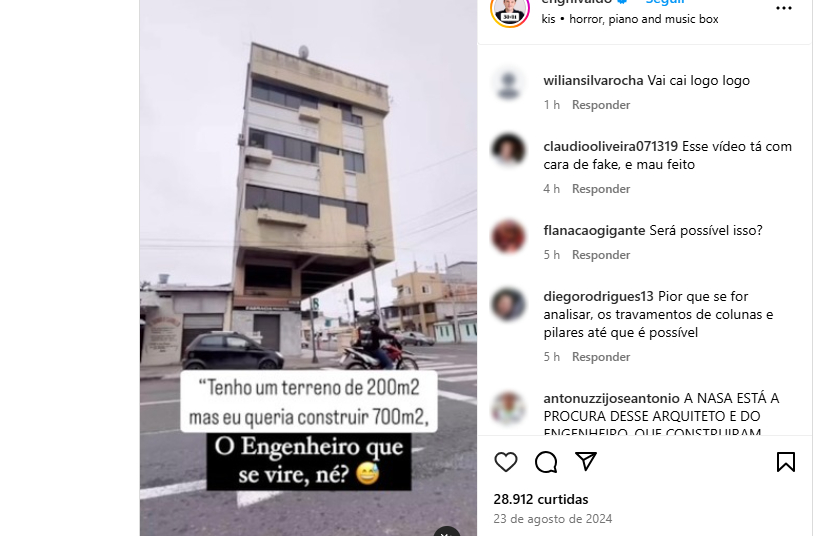 Captura de tela comentários do video no Instagram da construção bizarra