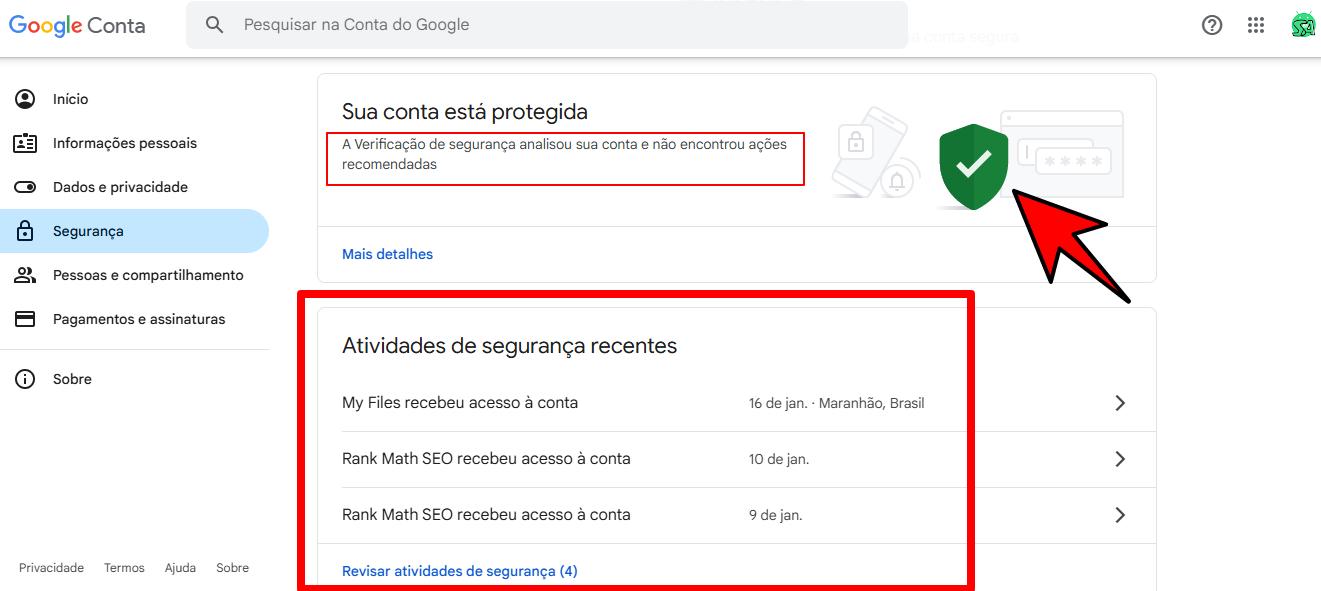 Captura de tela da seção segurança conta google