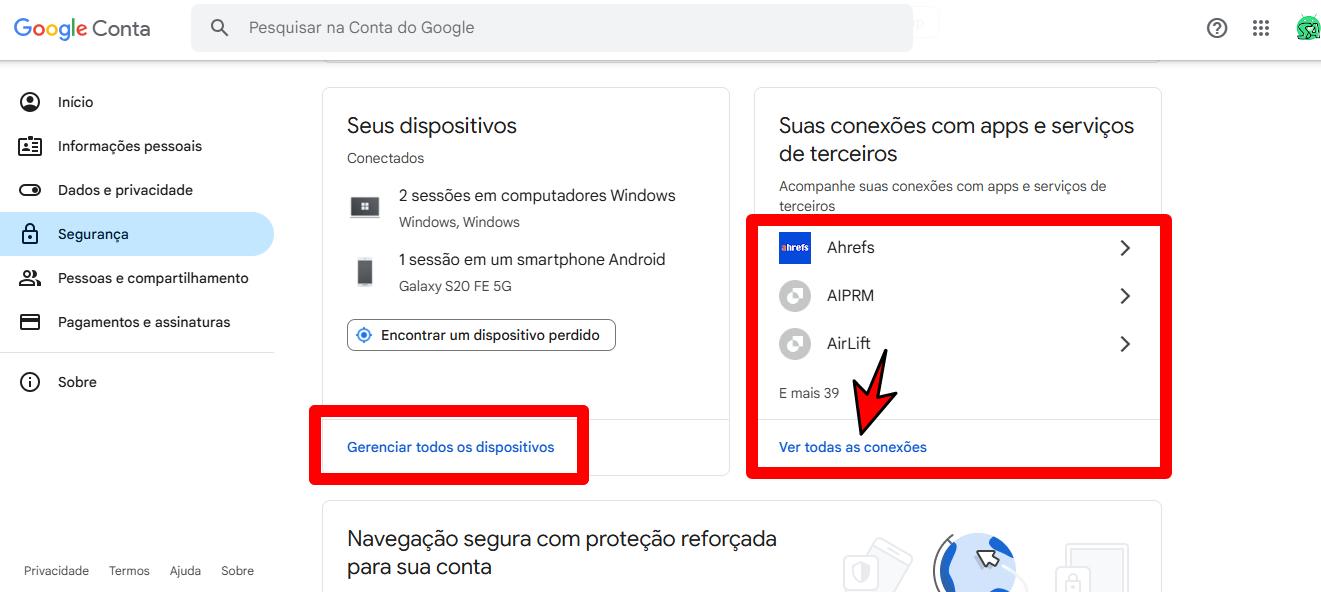 Seção de segurança conta google na opção gerenciar todos os dispositivos