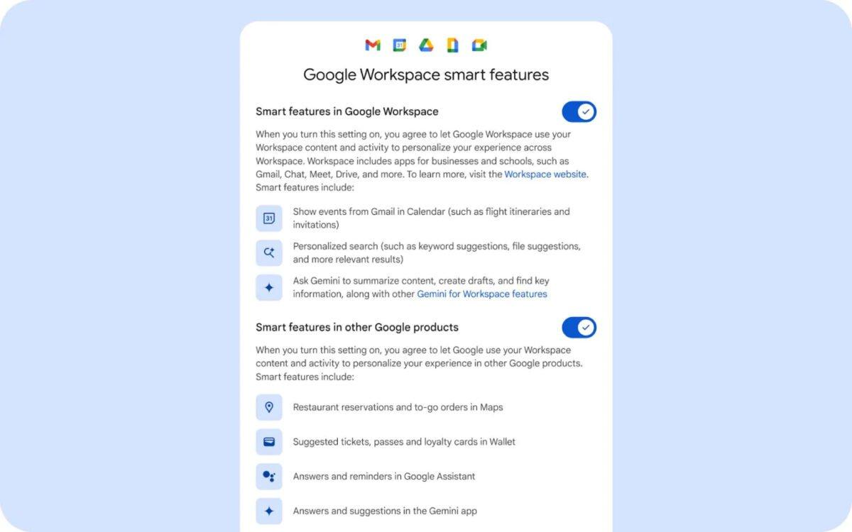 Recursos inteligentes das configurações do Google Workspace