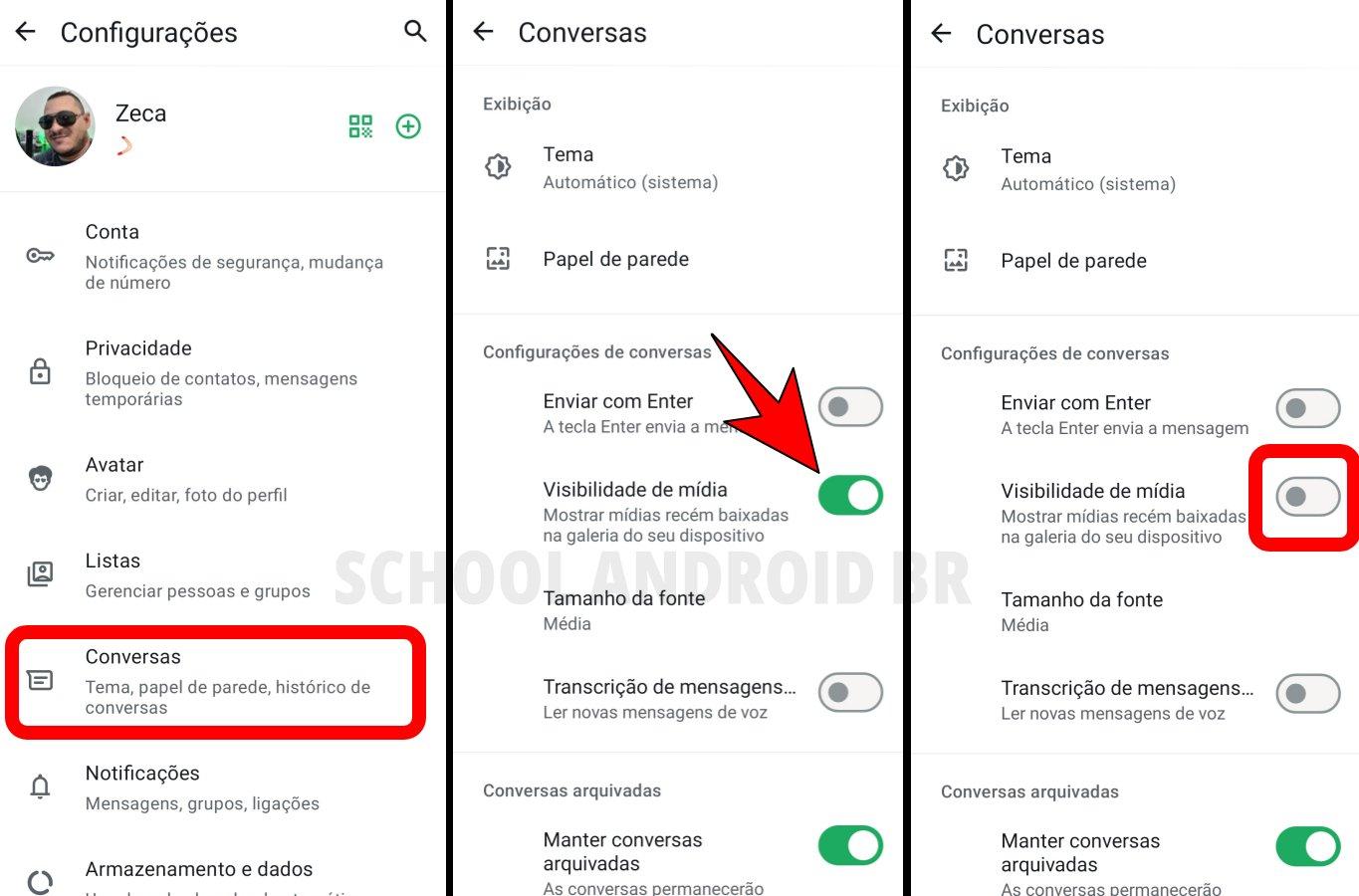 acessando as configurações do whatsapp conversas e visibilidade de mídia