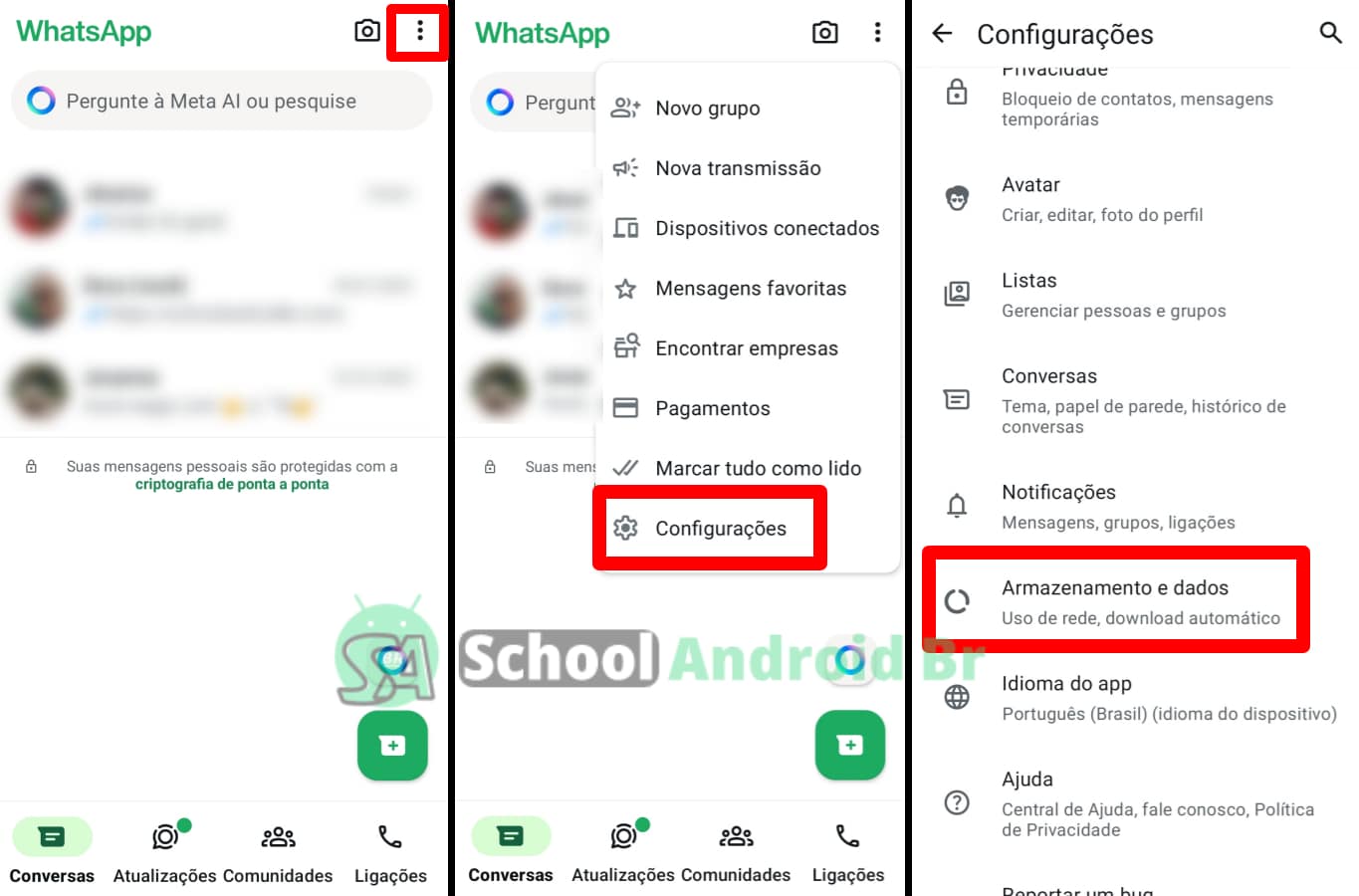 Tela de um celular mostrando as configurações do WhatsApp, com foco na seção de armazenamento e dados