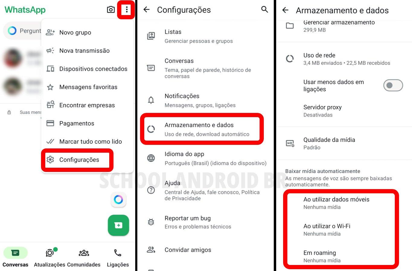 acessando whatsapp configuraçãoes armazenamento e dados baixar mídias automaticamente