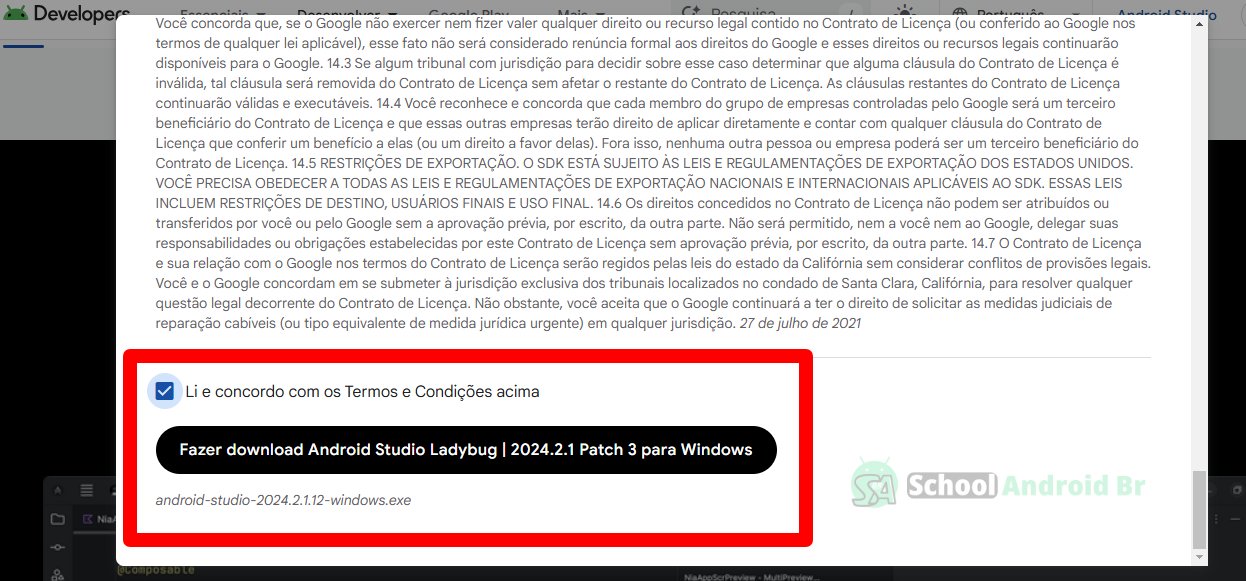 android studio download aceitar termos e condições