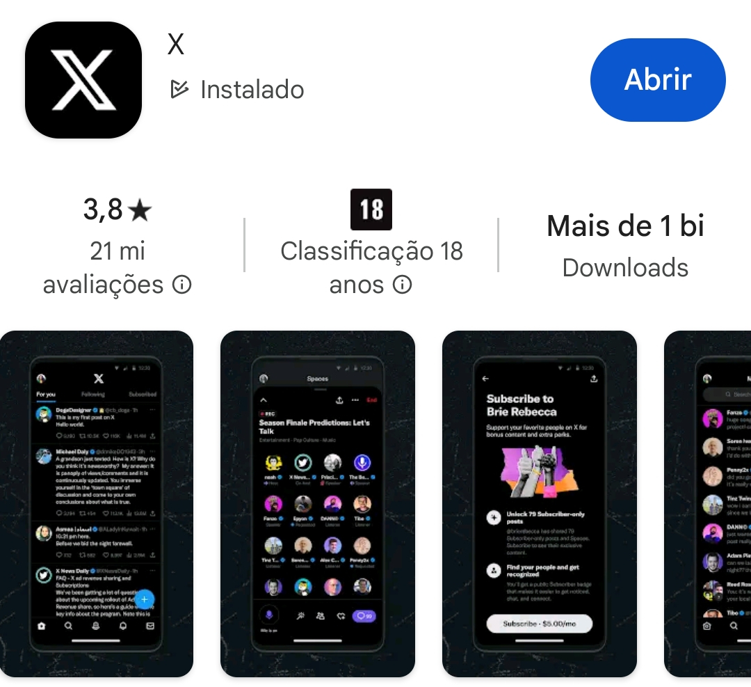 captura de tela da rede social X (antigo Twitter) na loja google play store