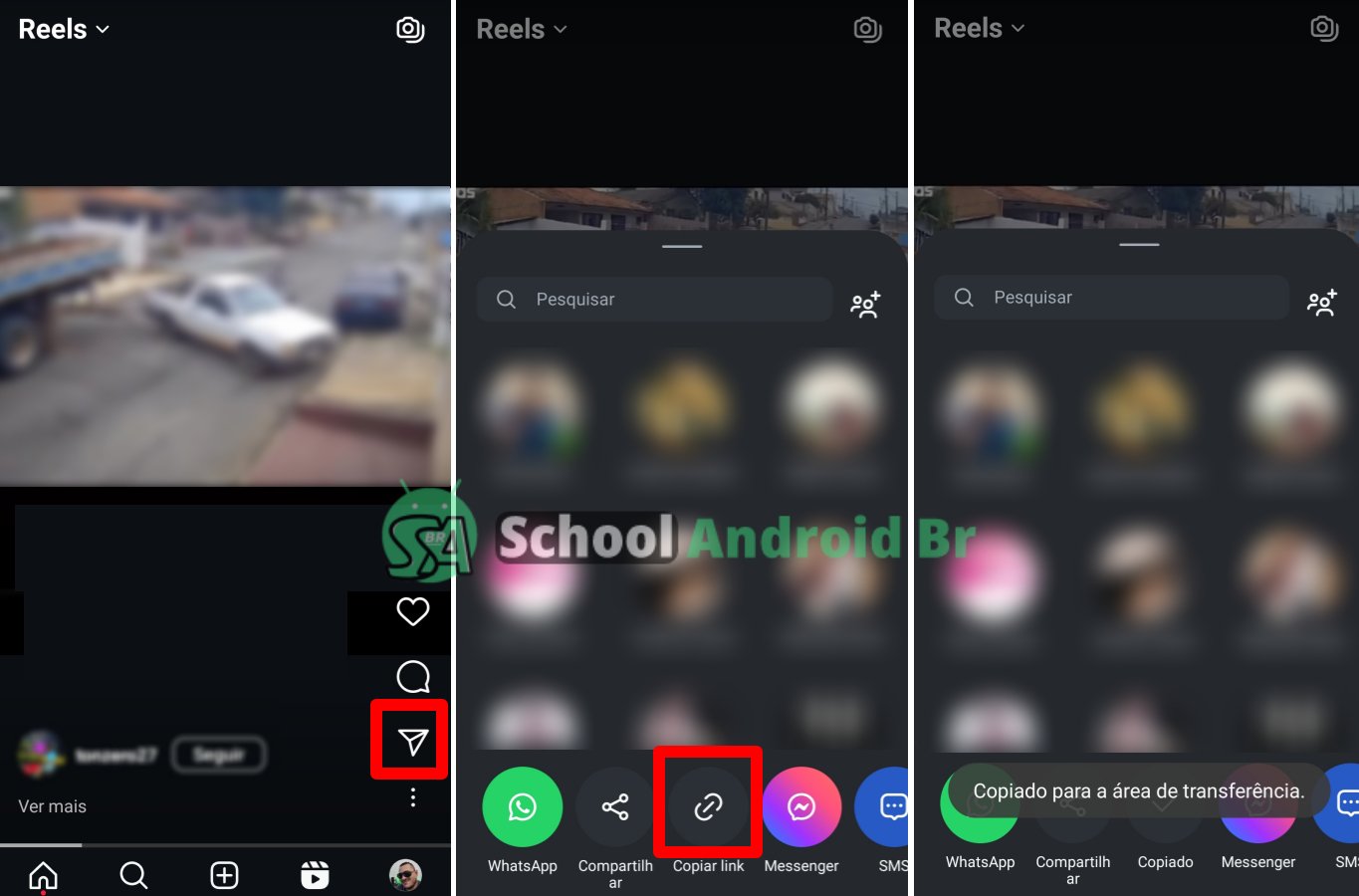 capturas de telas mostrando como copiar link de vídeo no Instagram