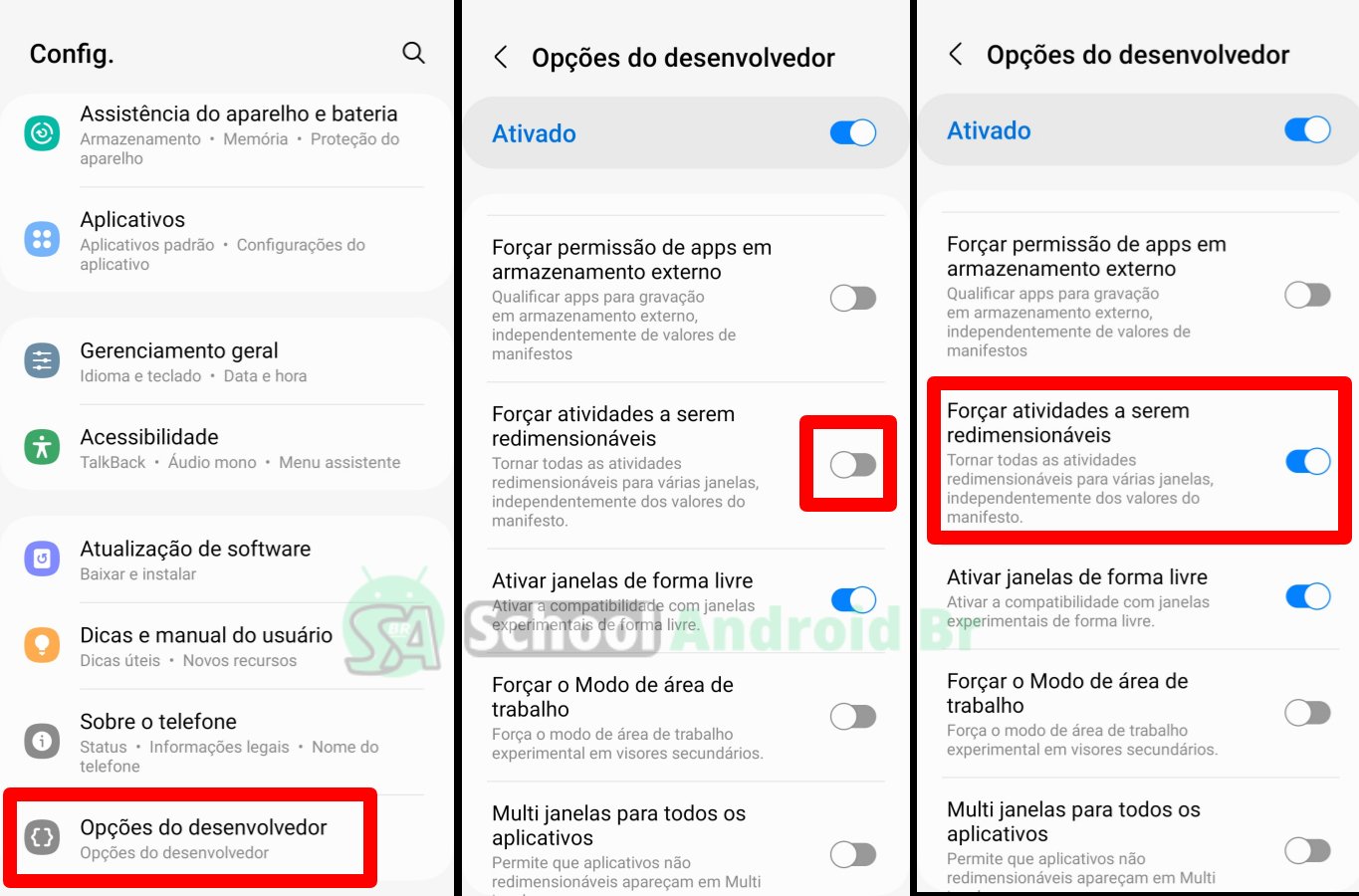 forçar atividades a serem redimensionáveis na opção do desenvolvedor no android