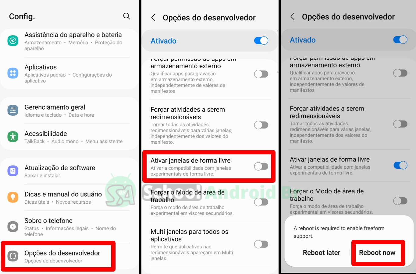 janelas de forma livre na opção do desenvolvedor no android