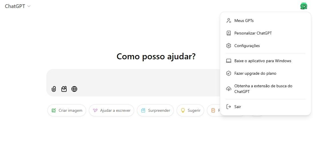 menu no site ChatGPT mostrando opções de personalização do ChatGPT e configurações