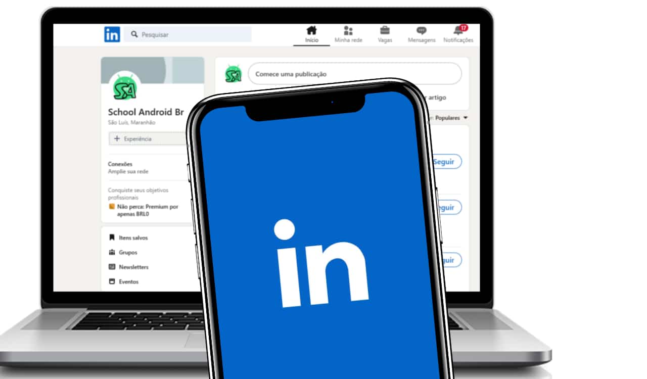 Notebook exibindo um perfil do LinkedIn na tela, com um telefone na frente mostrando o logotipo do LinkedIn