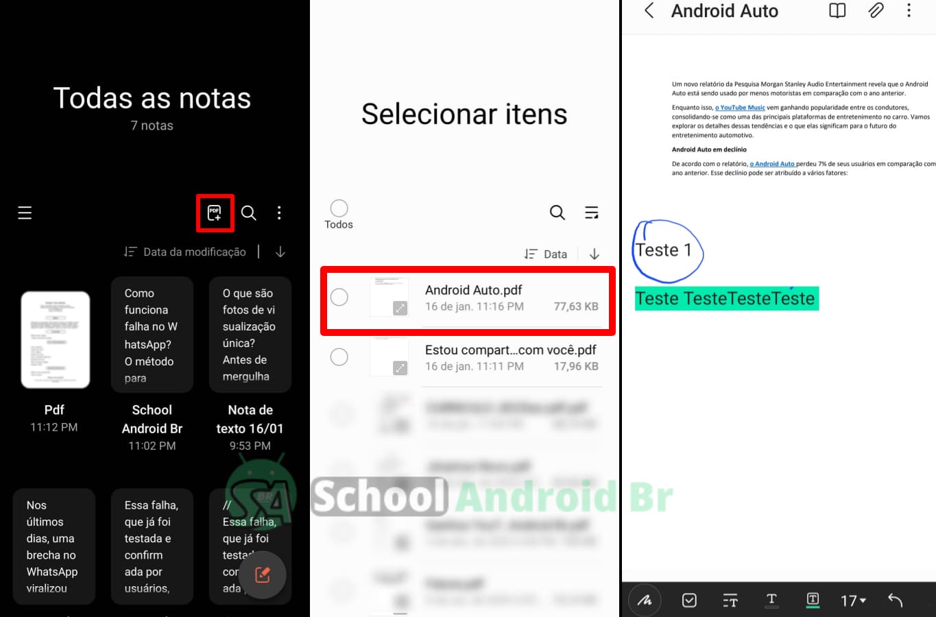 opção importa pdf no aplicativo samsung notes e opções de anotações em pdf