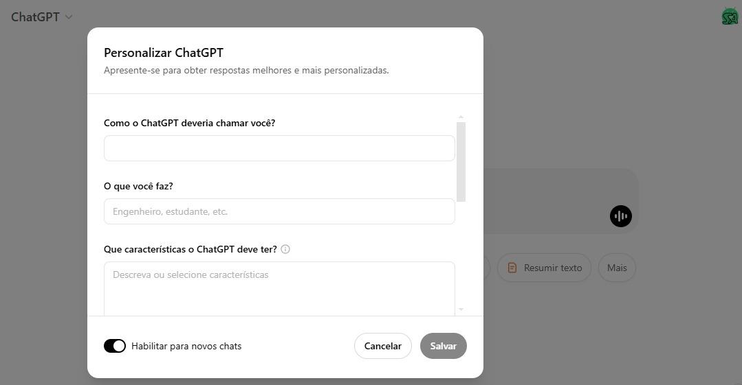 personalize o menu ChatGPT mostrando traços de personalidade