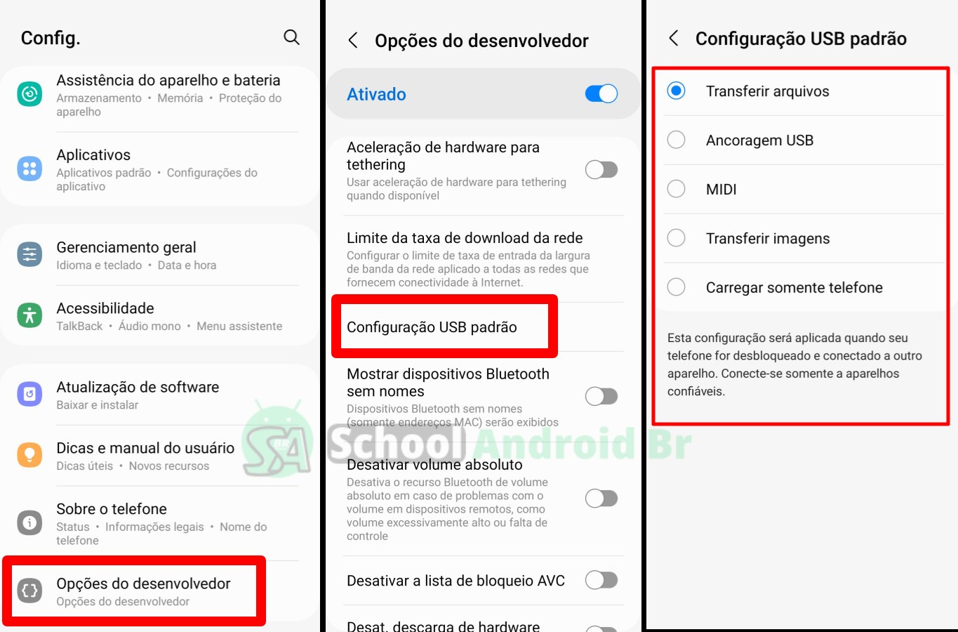 recurso configuração usb padrão na opção do desenvolvedor no android