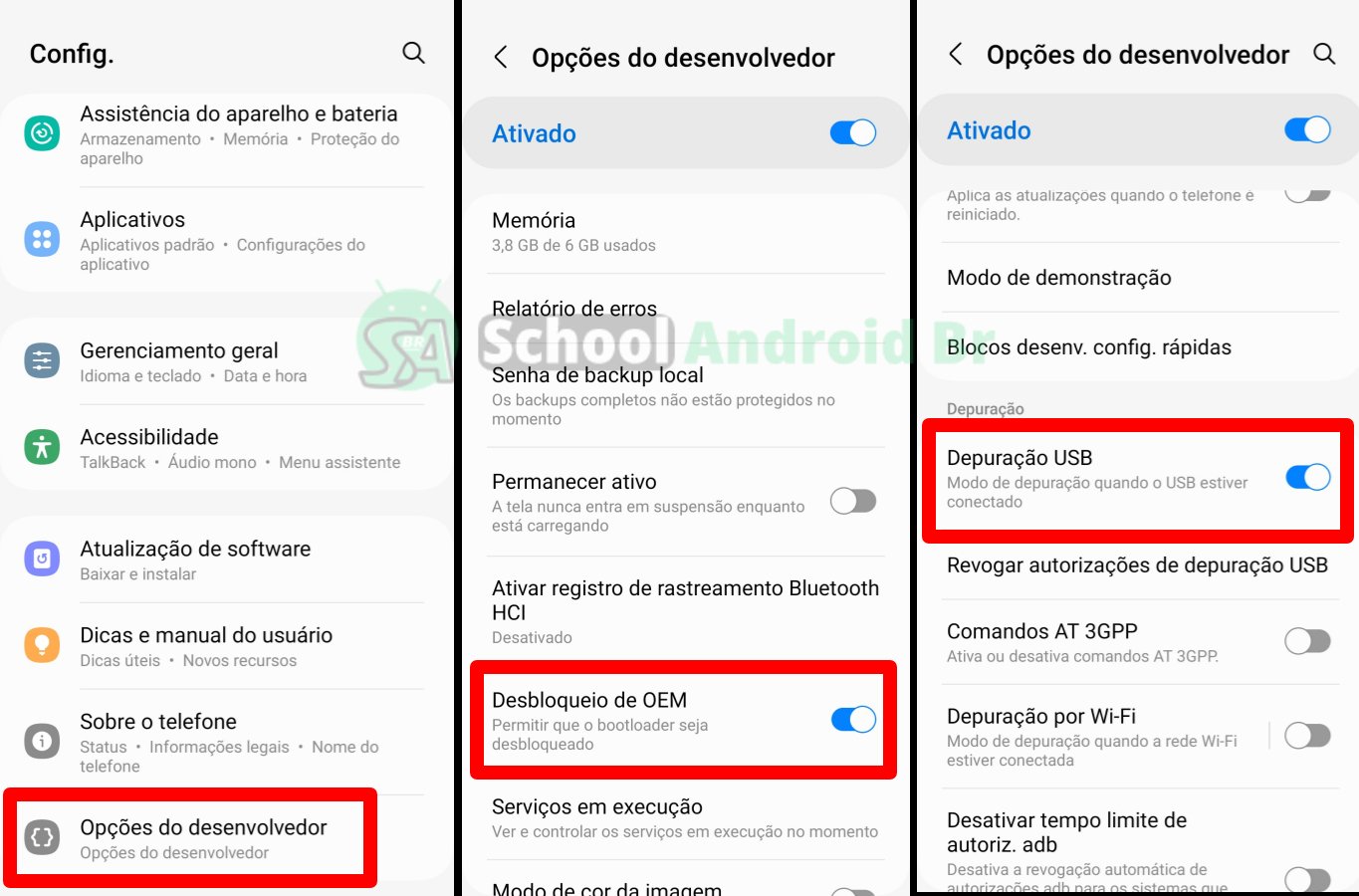 recursos depuração usb e desbloqueio oem na opção do desenvolvedor no android