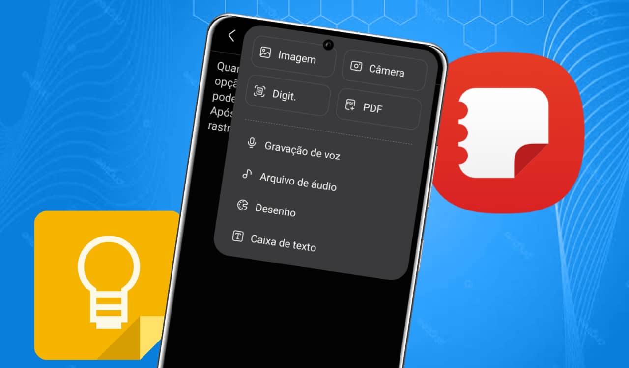 samsung galaxy mostrando o recurso de notas ai com ícones do google keep e samsung notes em segundo plano