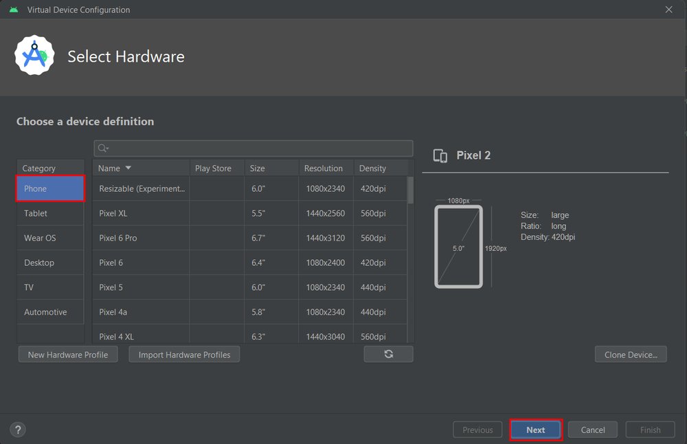 selecione a configuração do dispositivo virtual de hardware android studio