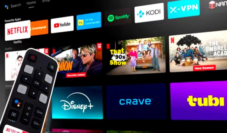 Um controle remoto apontado para uma TV com Android TV, destacando a praticidade de navegação e controle da plataforma