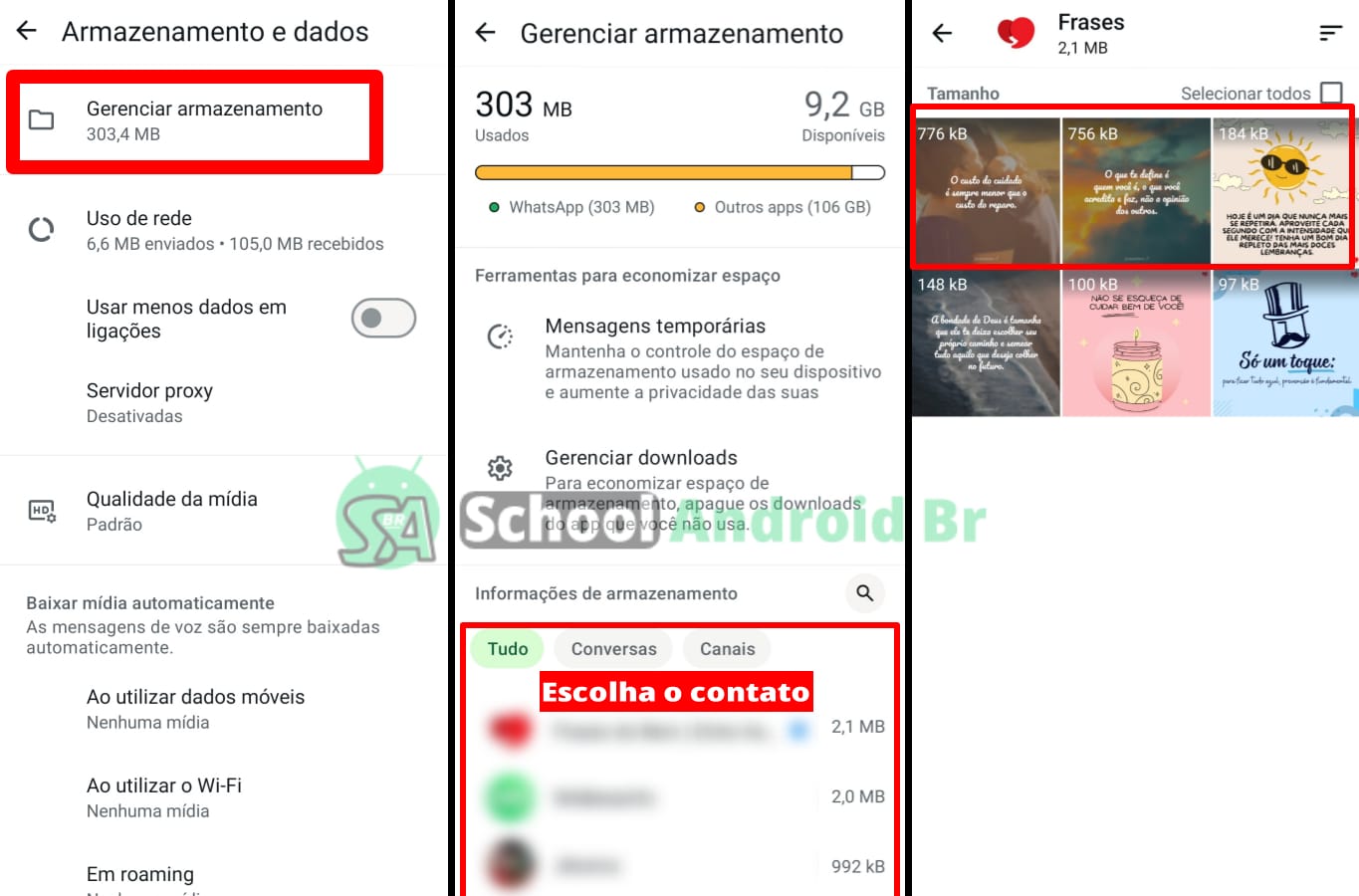 Tela de um celular mostrando o WhatsApp acessando a opção 'Gerenciar Armazenamento' nas configurações do aplicativo.