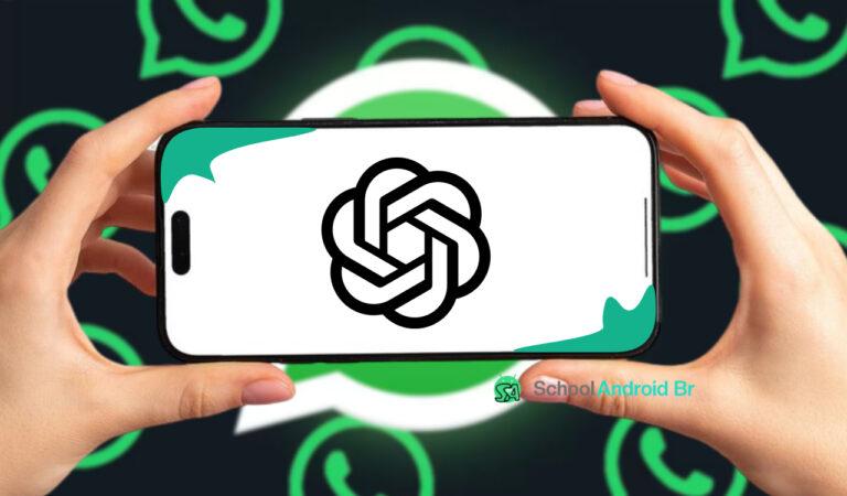 ChatGPT no WhatsApp: agora oferece suporte a imagens e entrada de voz - School Android Br Celular exibindo o logo do ChatGPT ao lado de pequenos ícones do WhatsApp no fundo