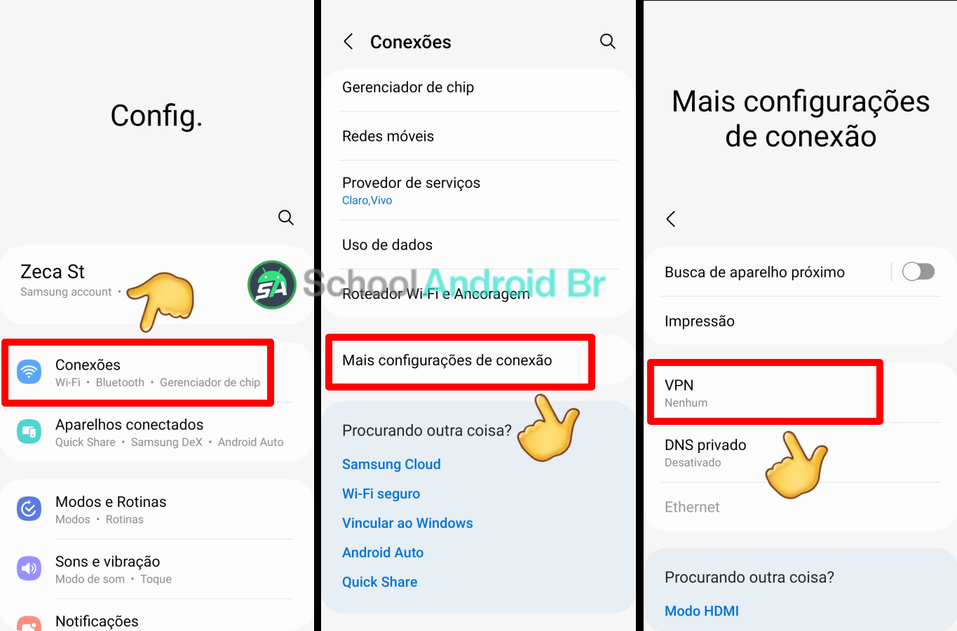 Como resolver | Sua conexão não é particular no celular - School Android Br Desconectando a VPN no Galaxy, procedimento também ajuda a evitar erros na navegação - Imagem/Crédito: School Android Br