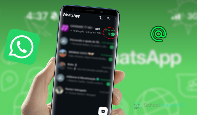 Como parar notificações de '@todos' no WhatsApp e evitar distrações - School Android Br Celular exibindo a tela inicial do WhatsApp com notificação de menção em grupo