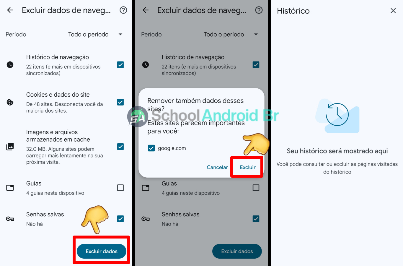 Como resolver | Sua conexão não é particular no celular - School Android Br Limpando o histórico de dados dos sites para evitar erros na navegação no Chrome pelo Android 2