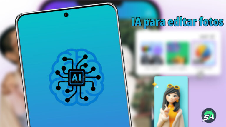 Smartphone exibindo ícone de IA para edição de fotos em destaque, com fundo desfocado mostrando interface de aplicativo e personagem 3D