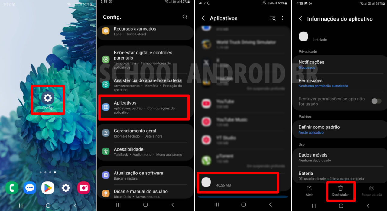 Acessando aplicativos pelas configurações do Android e desinstalando vírus