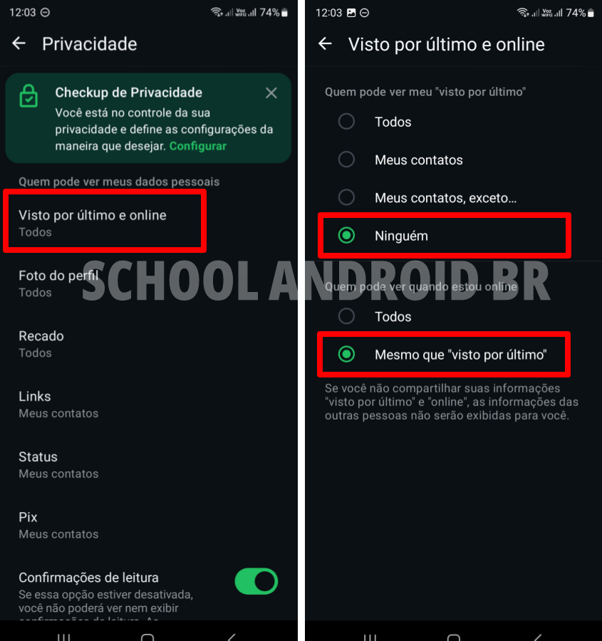 Acessando os ajustes de visto por último e online do usuário no whatsapp pelo Android