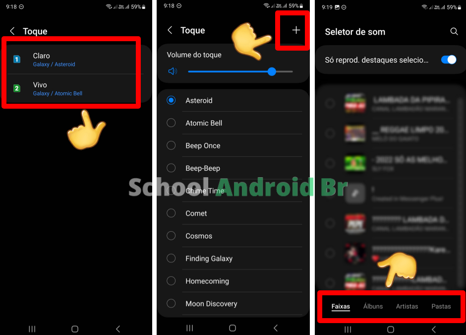 Selecionando o chip e tocando no símbolo de mais para adicionar uma música ao toque de ligação no Android.
