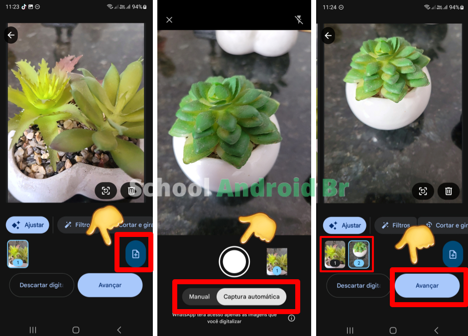 Adicionando mais páginas ao escanear documentos no WhatsApp tocando no ícone de adicionar página (+).