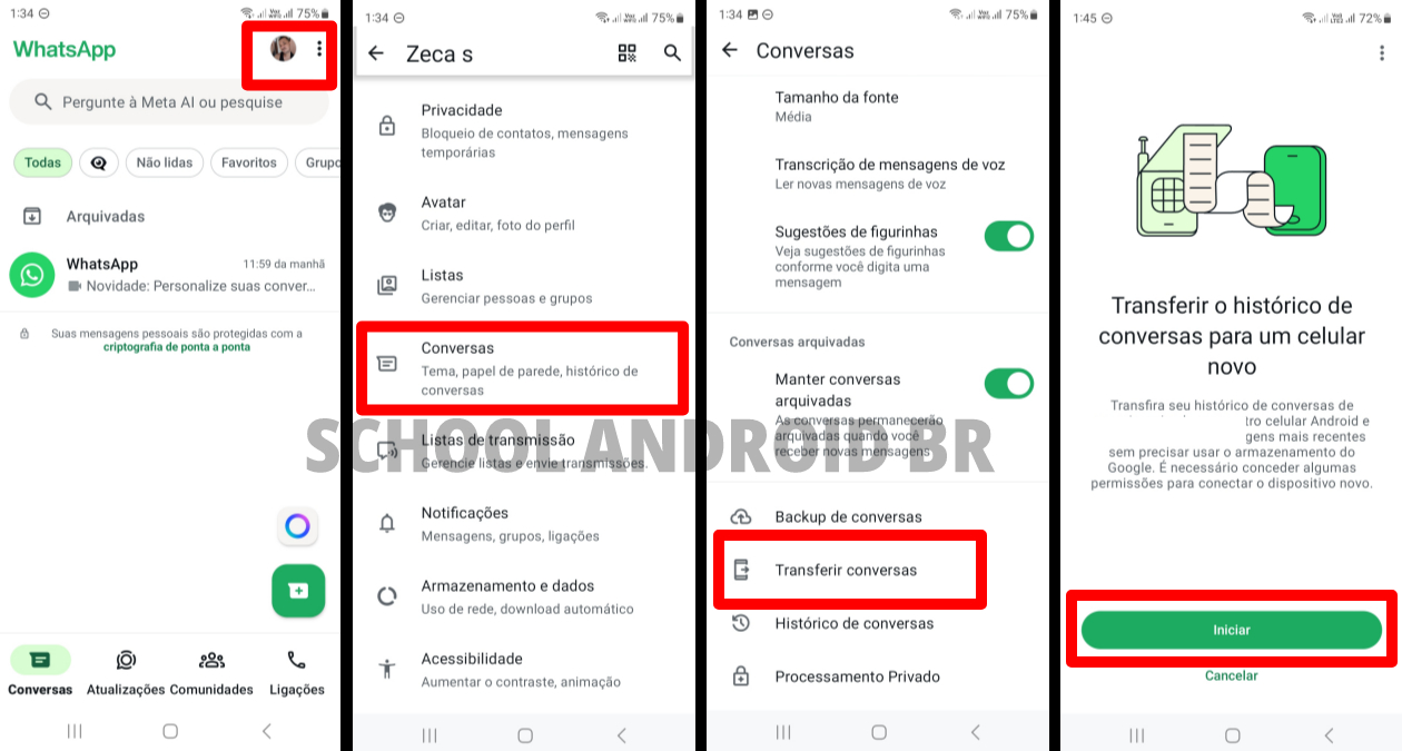 Sequência de telas do WhatsApp: inicial, configurações, conversas, transferir conversas e botão iniciar.