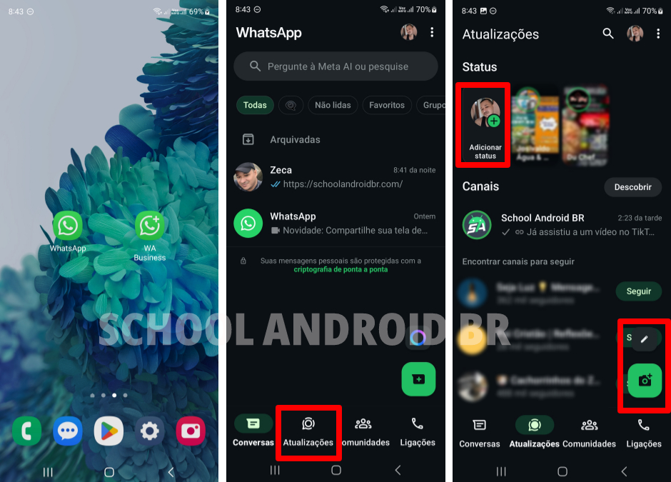 Tela do WhatsApp mostrando o ícone para abrir o aplicativo, acessar atualizações e adicionar novo status