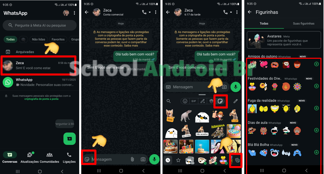 Acessando uma conversa no WhatsApp e abrindo a área de figurinhas para baixar novos pacotes.
