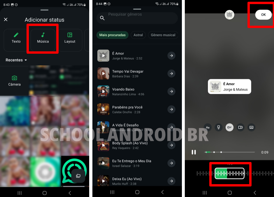 Tela do WhatsApp exibindo a função música no status, biblioteca de músicas e seleção do trecho antes de aplicar