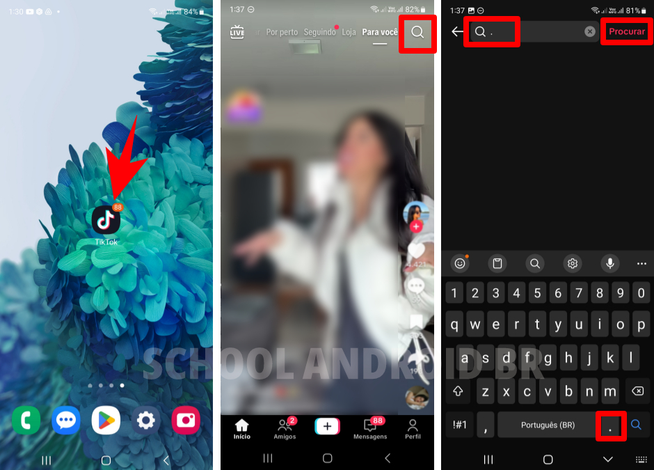 Abrindo o app TikTok, tocando na lupa de pesquisa, digitando um ponto e selecionando “Procurar” para acessar o histórico de vídeos assistidos.