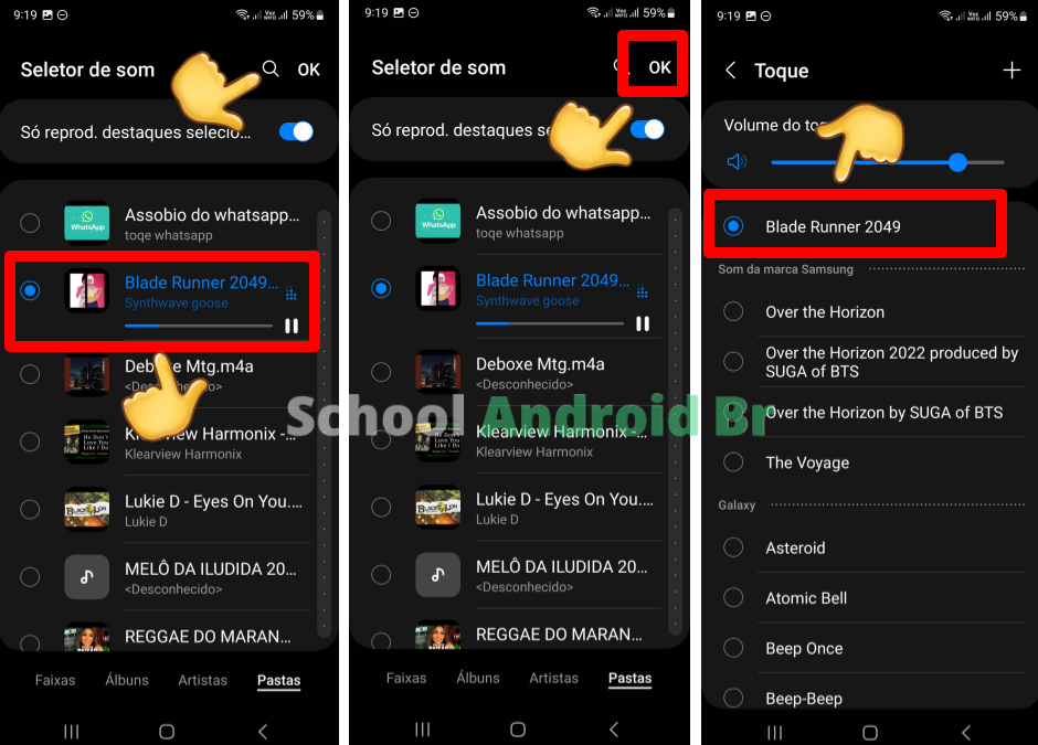 Tela de seleção de música no Android, mostrando a opção de confirmar em OK para definir o toque escolhido.