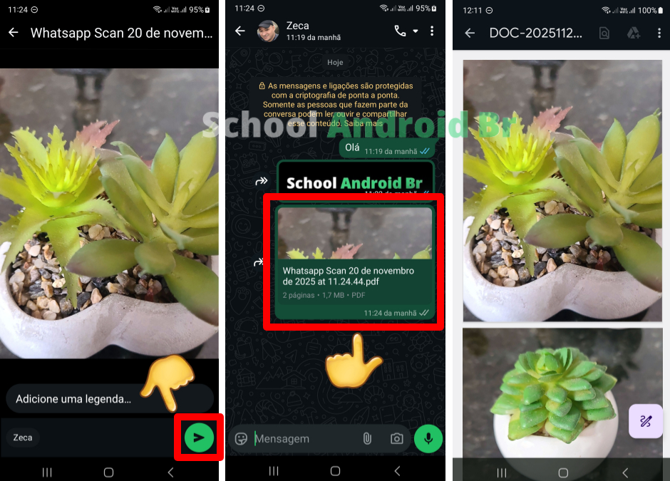 Enviando um PDF pelo WhatsApp e visualizando o documento na conversa com páginas frente e verso abertas.