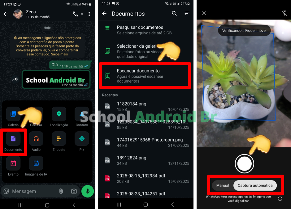 Selecionando Documentos no WhatsApp e acessando a opção Escanear documentos com modo manual e captura automática.