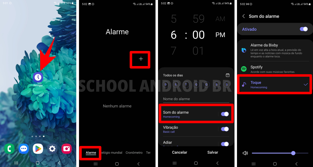 Imagem mostrando o passo a passo para acessar as opções de toque do alarme no Android: ícone do Relógio, aba Alarme selecionada com o botão de adicionar, opção Som do alarme marcada e menu Toque aberto.