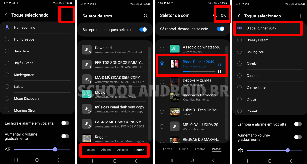 Imagem mostrando o processo de escolher um áudio no alarme do Android: botão de adicionar selecionado, seletor de som com categorias de músicas, opção de áudio escolhida com “OK” destacado e música confirmada na tela final.