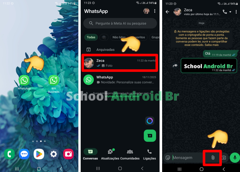 Como criar PDF usando o WhatsApp. Acessando uma conversa no WhatsApp e tocando no ícone de anexo para criar PDF.