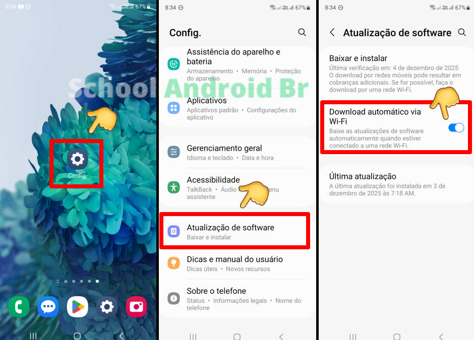 No Android mostrando o caminho: aplicativo Configurações, opção Atualização de software e ativação da atualização automática via Wi-Fi.