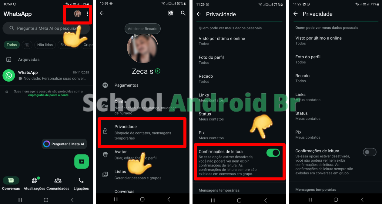 Tela inicial do WhatsApp mostrando o acesso às configurações de privacidade e a opção de desativar a confirmação de leitura.