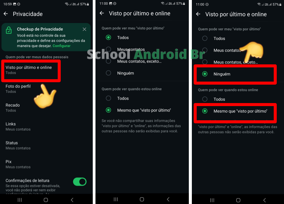 Tela do WhatsApp mostrando a opção “Visto por último e online”, configurada para “Ninguém”.