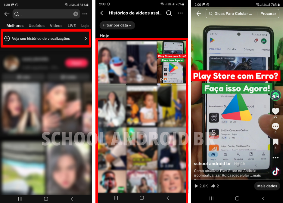 Tela do TikTok mostrando a opção “Veja seu histórico de visualizações”, seguida da lista completa de vídeos assistidos e da reprodução de um vídeo selecionado.