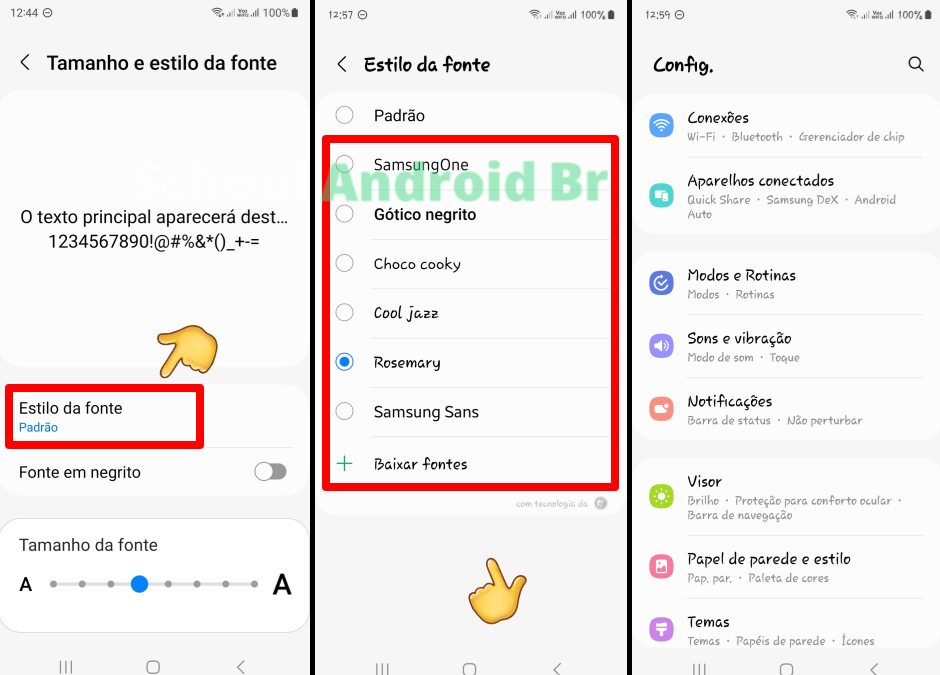 Tela de configurações do Samsung exibindo a opção Estilo da fonte, com seleção de diferentes fontes e botão para aplicar a alteração.