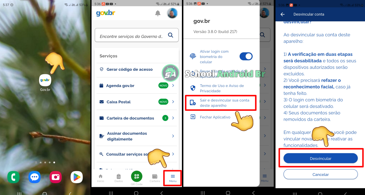 Passos no aplicativo Gov.br mostrando o menu de três barras, opção sair e desvincular conta do celular Android