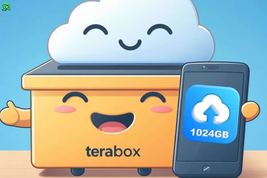 Uma nuvem em cima de uma caixa sorrindo e ao lado um celular com o nome na tela terabox